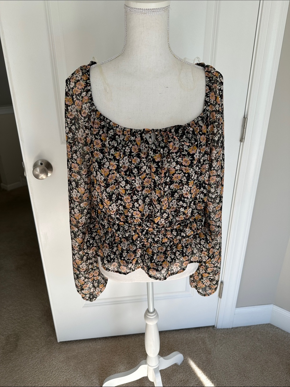 Lush Black Floral Scoop-Neck Blouse with Peach & Cream Flowers